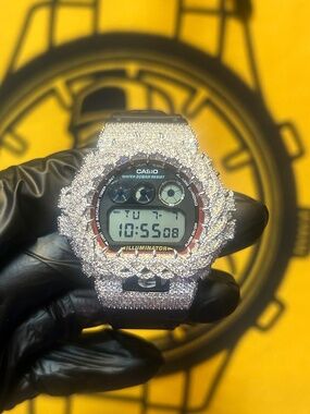 Custom Iced Out Casio G-Shock DW-6900 | Fully Hand-Set CZ Diamond Watch | Silver